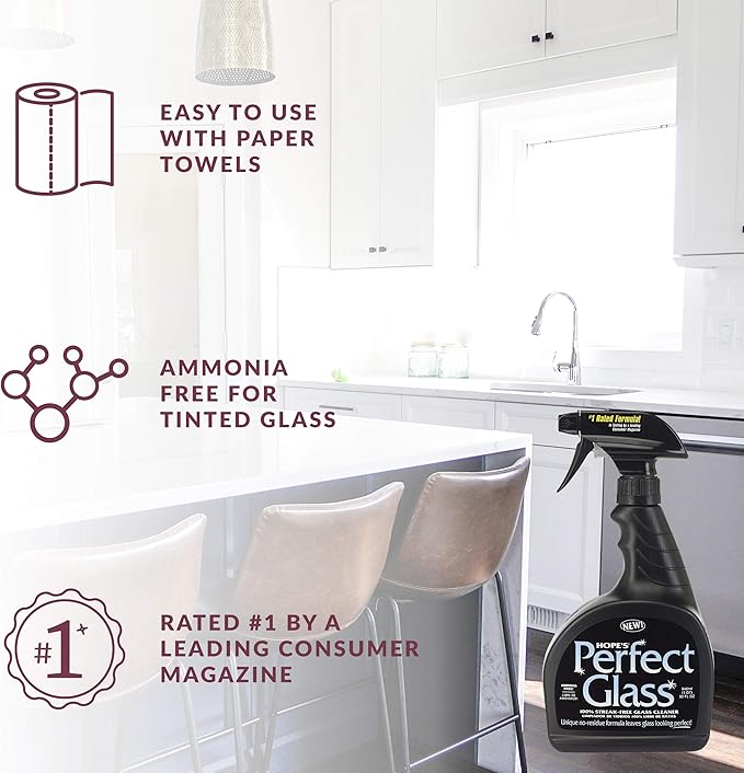 HOPE'S Perfect Glass Cleaner Spray, Streak-Free, Ammonia-Free Window, Mirror, Screen, Tinted Glass, and Shower Door Cleaner, Indoor and Outdoor Glass Surfaces, 32 Fl Oz, Pack of 1