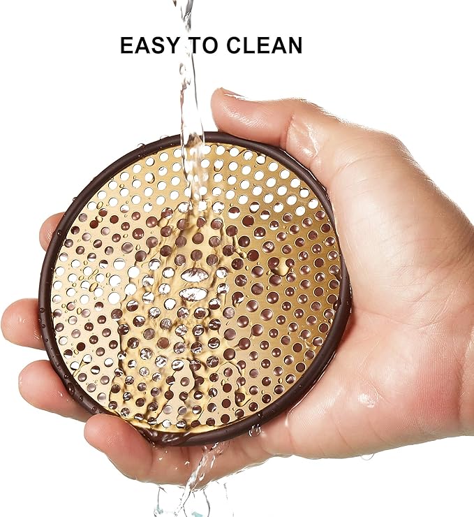 304 Stainless Steel Hair Catcher Shower Drain Cover with Silicone, Shower Stall Drain Strainer, Bathtub Hair Stopper, Bathroom Hair Trap Floor Drain Protector, Brushed Gold Brass 4.33 Inch Round Flat