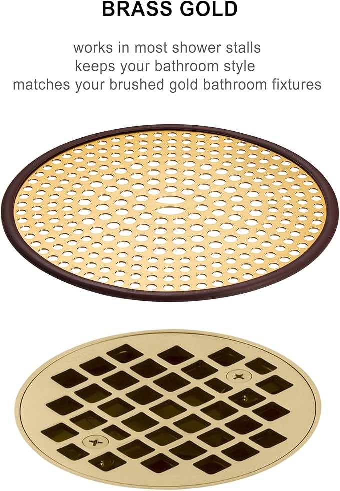 304 Stainless Steel Hair Catcher Shower Drain Cover with Silicone, Shower Stall Drain Strainer, Bathtub Hair Stopper, Bathroom Hair Trap Floor Drain Protector, Brushed Gold Brass 4.33 Inch Round Flat
