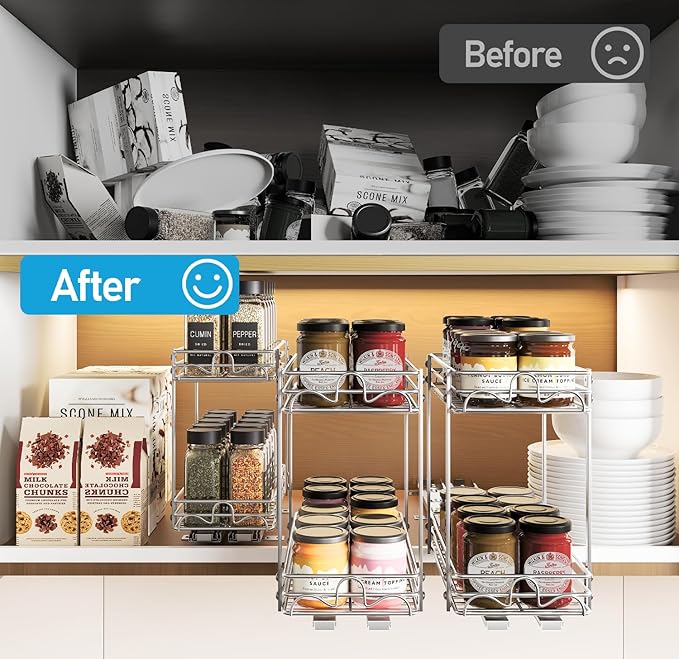 2 Tier Pull Out Spice Rack Organizer for Cabinet，Heavy-Duty Slide Rails with Raised Base Pull Out Spice Drawer Organizer, Fits Pantry & Kitchen Cabinets, 5.5''Wx10.63''Dx10.04''H