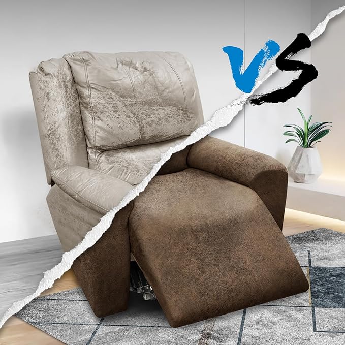 Chair Covers 4-Pieces Recliner Chair Covers 1 Seater Cover for Recliner Chair Leather Look Recliner Slipcovers with Pockets Spandex Fabric Furniture Covers(Recliner, Light Brown)
