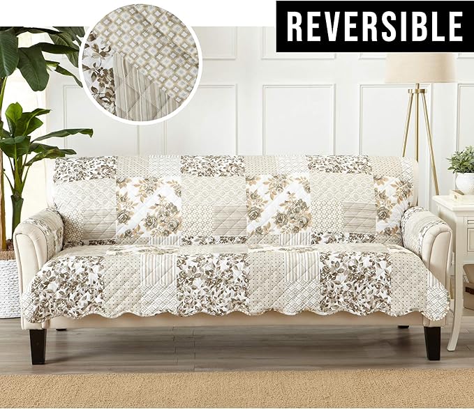 Great Bay Home Reversible Patchwork Sofa Cover - Washable Slipcover Furniture Protector with Elastic Straps - Couch Cover for Dogs, Kids, and Pets - Box-Stitched Detail (Sofa, Taupe)