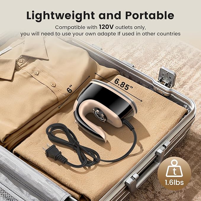 MIYOKO 2-in-1 Mini Travel Steam Iron, 1000W Portable Small Iron for Clothes, with Non-Stick Soleplate, 90ML Water Tank, 25G/Min High Speed Steams, 110-120V for Home Travel Use, Black & Gold