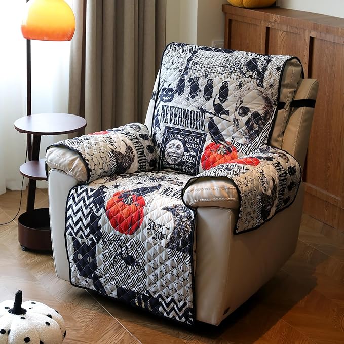 Cmfshape Halloween Skidproof Sofa Cover-Festival Sofa Slipcover with Elastic Straps-Easy Fit Slip Cover-Patchwork Washable Furniture Protector for Pets and Kids(Recliner,Black)