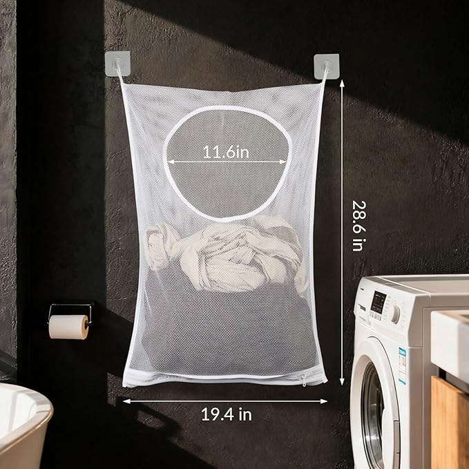 Hanging Laundry Hamper Bag,30x20 Inch Foldable Wall Hanging Laundry Bag,Portable Space Saving Dirty Clothes Bags with 2 Adhesive Hooks for Dirty Clothes Organization Storage (1)