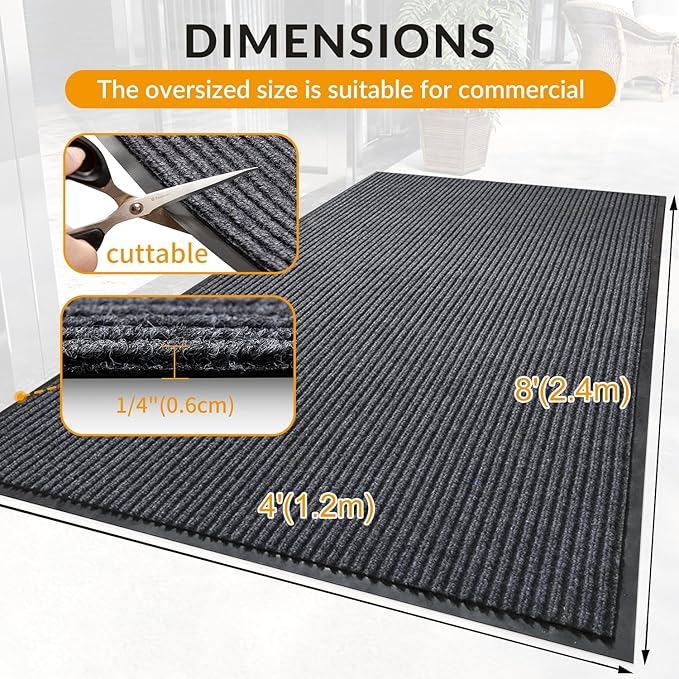 4' x 8' Moisture Guard Doormat, Commercial Grade Door Floor Mat Striped Brush Step Entrance Mat with Rubber Backing, Low Profile Commercial Rugs for Entryway, Easy to Clean(Charcoal Grey)