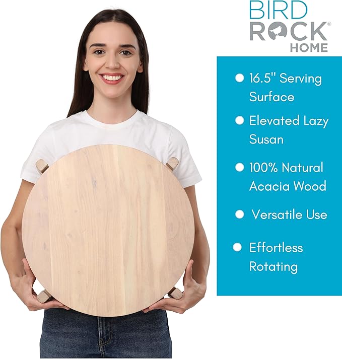BIRDROCK HOME Elevated Lazy Susan | Rotating Acacia Wood Platter with Raised Legs | Ideal for Serving, Organizing, and Decor | Smooth 360° Rotation (White Wash, Medium)
