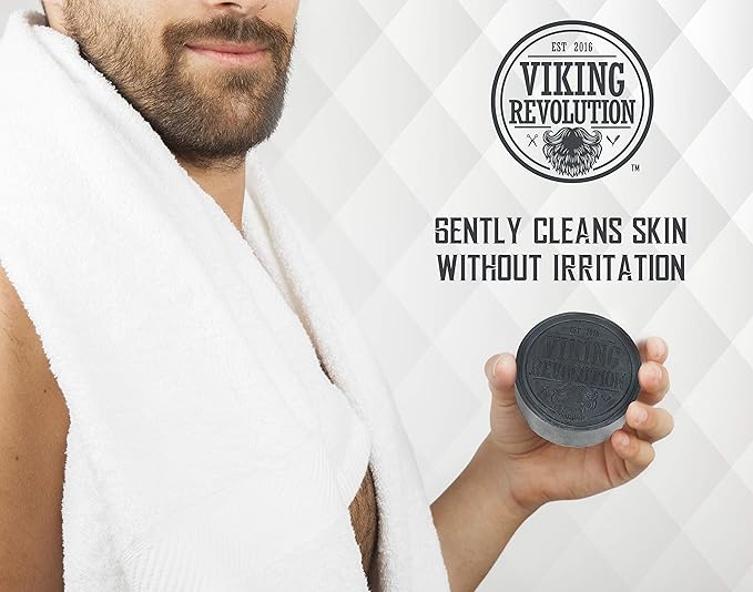 Viking Revolution Soap Bag (5.9"x3.7", 1 Piece) and Skin Cleaning Activated Charcoal Soap for Men, Peppermint & Eucalyptus Scent with Dead Sea Mud (6 Oz) - Body and Face Cleanser