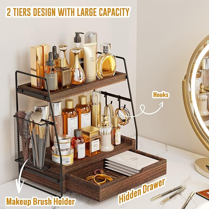 2 Tier Bathroom Counter Organizer Wood - Tiered Bathroom Countertop Shelf with Drawer, Removable Basket & 2 Hooks, Makeup Vanity Organizer for Skincare Perfume Toiletries, 13'' Rustic