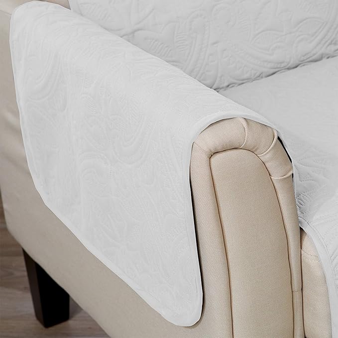 Reversible Recliner Chair Cover - Washable Slipcover Furniture Protector with Elastic Straps - Furniture Cover for Dogs, Kids, and Pets - Quilted & Stitched Detail (Recliner, White / Sand)