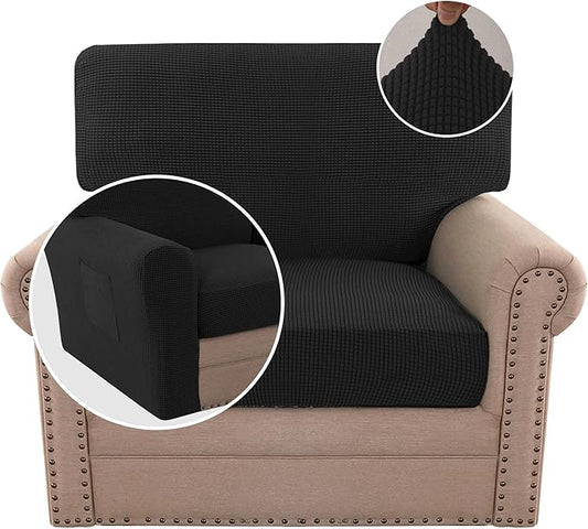 H.VERSAILTEX Multi-Pieces Chair Covers Stretch Couch Covers Form Fitted Seat and Back Cushions Covers (1 Seat Cover Plus 1 Back Cusion Cover, Bonus 2 Armrest Covers), Black