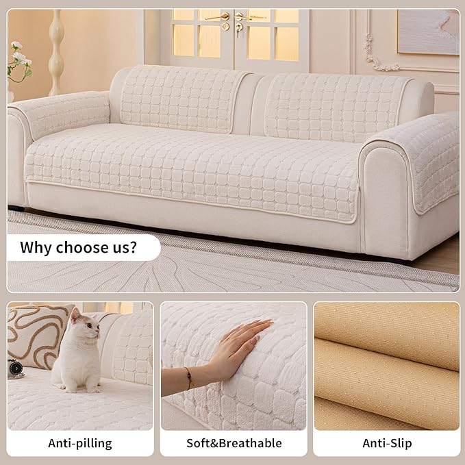 Velvet Sofa Covers Washable, Plush Warm Couch Cover for Sectional Sofa, Funny Fuzzy Couch Covers for Pets&Kids, Non-Slip Sectional Sofa Cover(1PC, Beige White, 35.4"×82.7", Large Sectional)