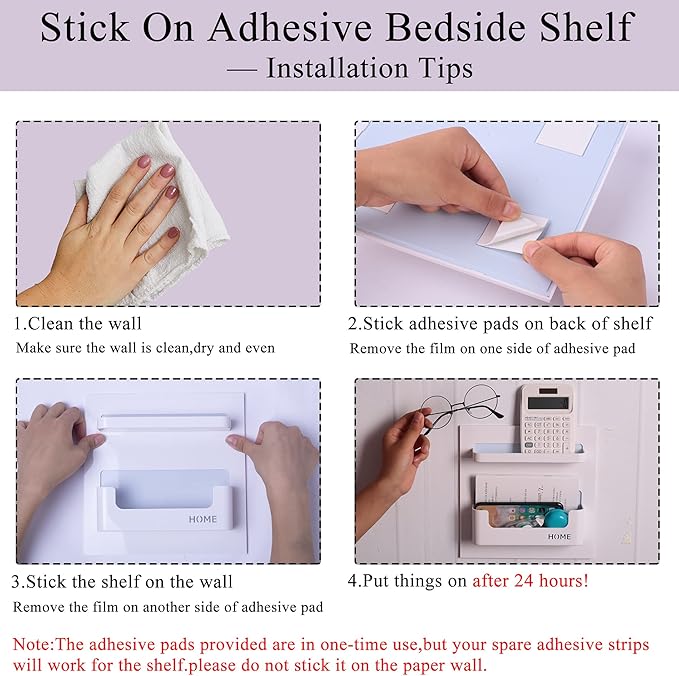 Bedside Shelf with Strong Sticky Gel,Wall Mount Organizer Holder for Cell Phone,Glasses,Remote,Keys,Adhesive Wall Shelves for Bedroom,Bathroom, Kitchen,No Drill Space Saver (Vertical Type/Black)