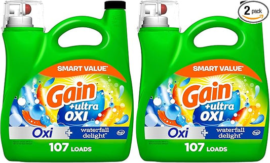 Gain Liquid Laundry Detergent, Waterfall Delight Scent | 107 Loads | Oxi Formula | HE Compatible | 154 fl oz