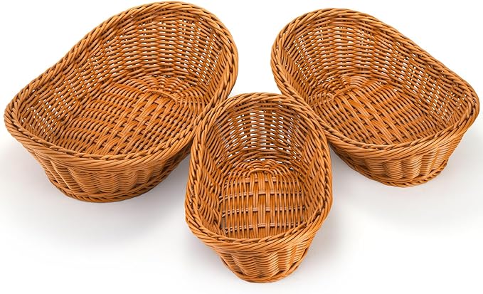 Yarlung 3 Pack Small Woven Breads Baskets, Oval Fruit Baskets Stackable Plastic Wicker Basket for Serving Vegetables, Kitchen, Restaurant, Outdoor, Imitation Rattan Brown, 3 Sizes
