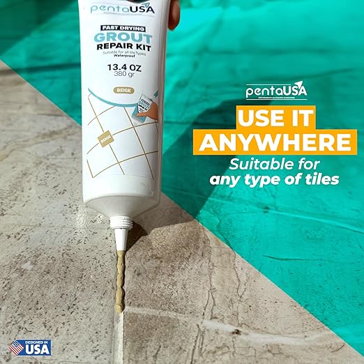 Tile Grout Repair Kit - Warm Beige - Premixed Acrylic Sanded Grout, Waterproof Formula, Bathroom & Shower Grout Repair, with Plastic Applicator, 13.4 oz / 380 g / 0.84 lb