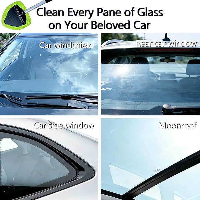 Microfiber Car Windshield Cleaning Tool with Extendable Handle,Car Defogging Glass Cleaning Brush with 4 Reusable Microfiber Pads 1 Spray Bottle and 1 Car Dust Removal Brush. (Green)