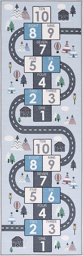 SAFAVIEH Washable Rug Kids Playhouse Collection - 2'2" x 12' Runner, Grey & Blue, Slip Resistant & Easy to Clean, Ideal for Kids Room, Playroom, Nursery, Boys & Girls Room (KPH226F)