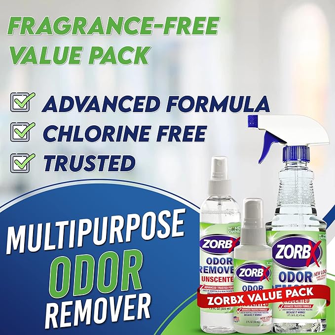 ZORBX Odor Remover Bundle – Includes 16 Oz Fast-Acting Odor Remover Spray, 7.5 Oz Compact-Sized Odor Remover Spray, 2 Oz Travel-Friendly Odor Remover Spray, & 24 Oz M&M Stain and Odor Remover Spray