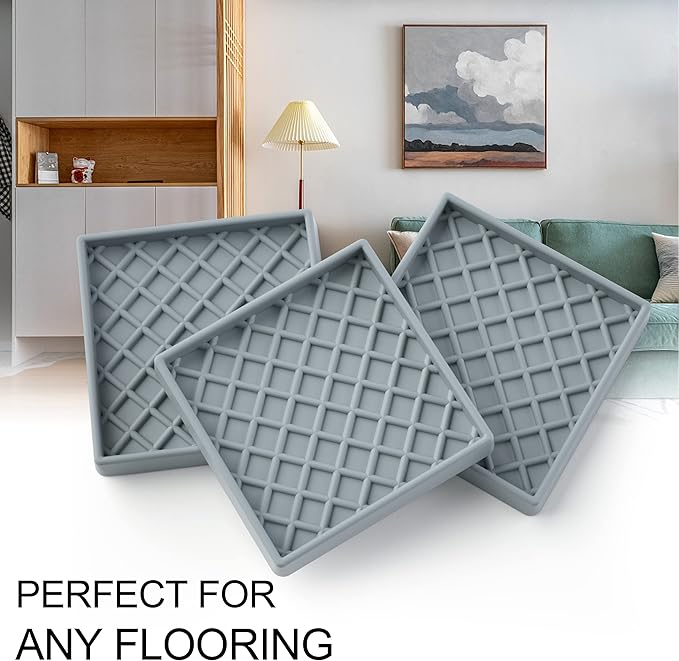 Furniture Coasters - 8 Pcs 3” Square Furniture Caster Cups Non Slip Pads Hardwoods Floors Non Skid Furniture Grippers Rubber Grid Feet Anti Slide Floor Protector for Bed Couch Stoppers Gray
