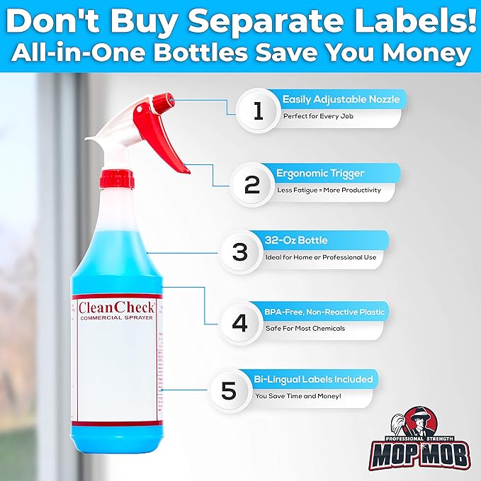 Extra Safe, Bilingual MSDS Spray Bottles 3 Pack. Large, Empty 32 Oz Bottle Perfect for Professional Cleaning Solutions, Sanitizers or Household Cleaners. Best Heavy Duty Plastic Bottle With Data Sheet