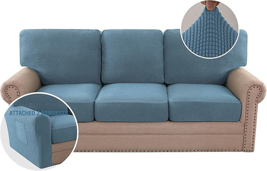 H.VERSAILTEX Multi-Pieces Sofa Covers Stretch Couch Covers Form Fitted Seats and Back Cushions Covers (3 Seat Covers Plus 3 Back Cusion Covers, Bonus 2 Armrest Covers), Dusty Blue