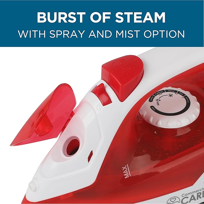 Steam Iron, 1200 Watt Portable Iron, Self-Cleaning Steamer for Clothes with Nonstick Soleplate, Red