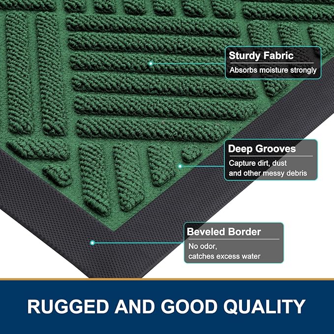 Smiry Front Door Mat Outside Entrance, Heavy Duty Outdoor Indoor Natural Rubber Doormat, Non Slip, Trap Dirt and Moisture, Easy Clean, Low Profile Patio Porch Entryway Mat, 47x32, Green