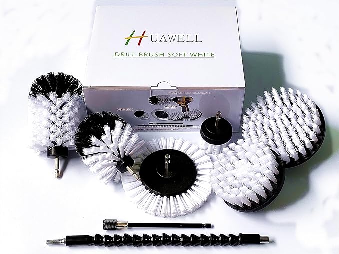 HUAWELL 8 Piece Soft White Drill Brush with Extend Attachment Set-Car Interior Detailing Kit, All Purpose for Car, Boat, Seat, Carpet, Upholstery, Bathroom, Grout, Floor and Tile (White)