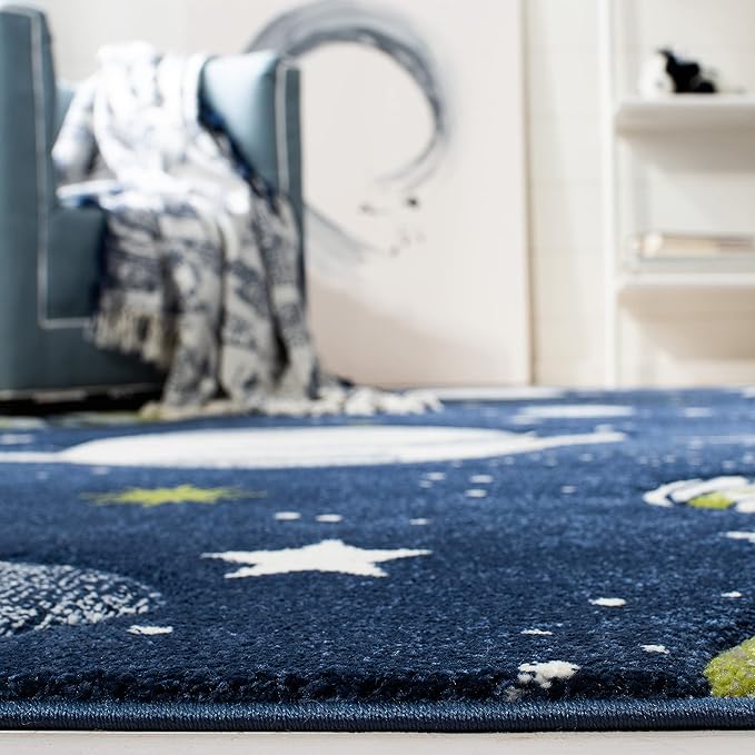 SAFAVIEH Carousel Kids Collection Area Rug - 8' Round, Navy & Ivory, Non-Shedding & Easy Care, Ideal for High Traffic Areas for Boys & Girls in Playroom, Nursery, Bedroom (CRK103N)