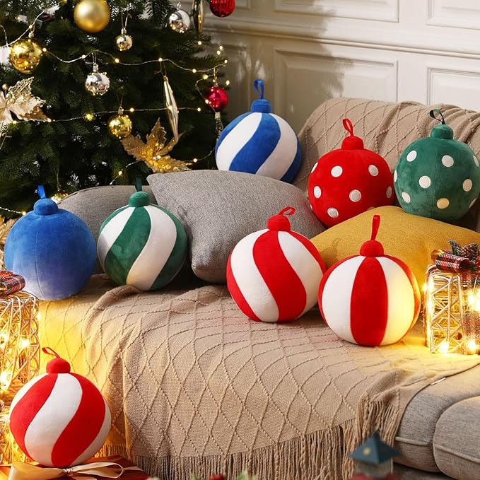 2 Pcs Christmas Pillows 7 Inch Round Christmas Ornament Shaped Throw Pillow Cute 3D Ball Xmas Throw Cushion Decoration for Bed Couch Sofa Chair Living Room(Green and White)