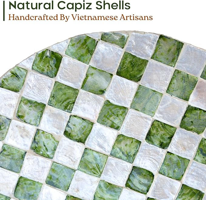 12" Checkered Lazy Susan for Tabletop, Handcrafted Mother of Pearl Turntable Organizer for Kitchen Counter, Coffee Table, Bathroom, Dining or Organizing (Pistachio Green)