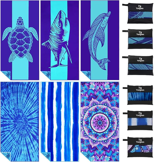 6 Pack Microfiber Lightweight Thin Beach Towel Sand Free Quick Dry Super Absorbent Large Towels for Swimming Pool Yoga Gym Travel Vacation Beach Accessories Essentials for Adults