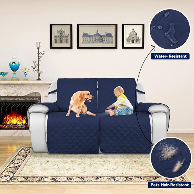 PureFit Water Resistant Reversible Sofa Covers for Reclining Sofa 2 Seat - Non Slip Split Recliner Couch Cover for Double Recliner, Washable Furniture Protector for Kids, Dogs (2 Seat, Navy/Ivory)