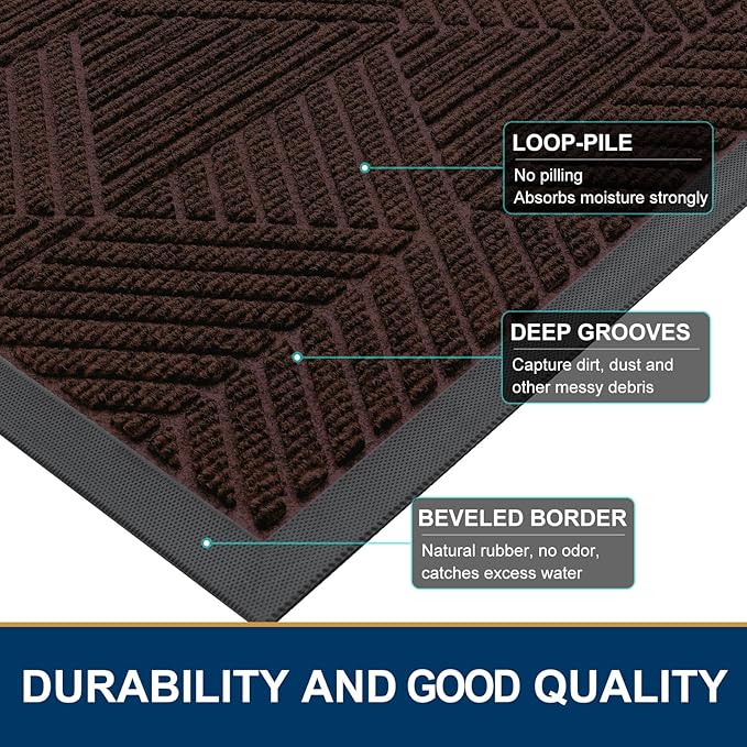 Smiry Front Door Mat Outside Entrance, Heavy Duty Sturdy Natural Rubber Doormat, Trap Dirt and Moisture, Easy Clean Low Profile Welcome Floor Mats for Indoor Outdoor Entry, 35X23 Inch, Deep Brown