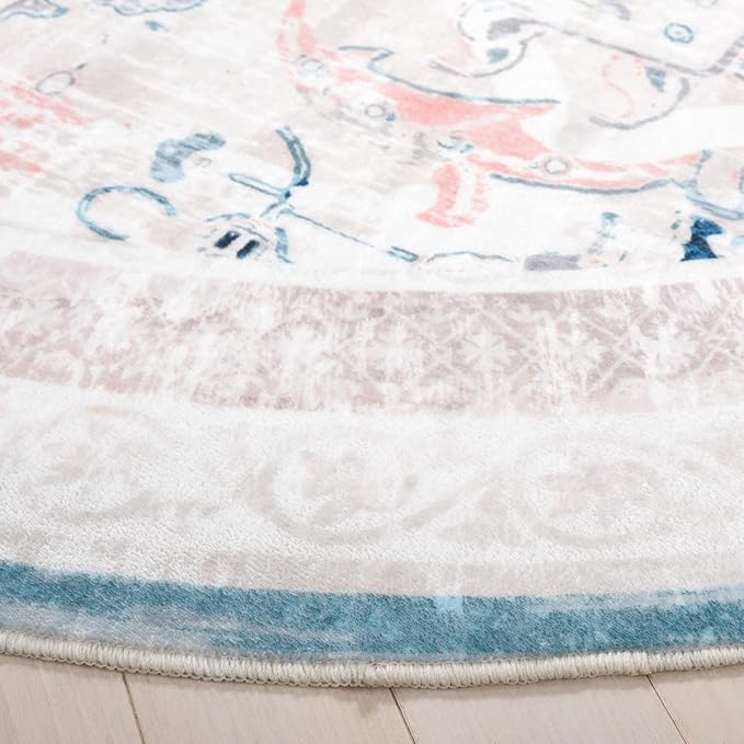 Safavieh Washable Rug Arizona Collection - 6' Round, Ivory & Aqua, Slip Resistant & Easy to Clean, Ideal for Living Room, Bedroom, Home Office, Dining Space (ARZ324A)
