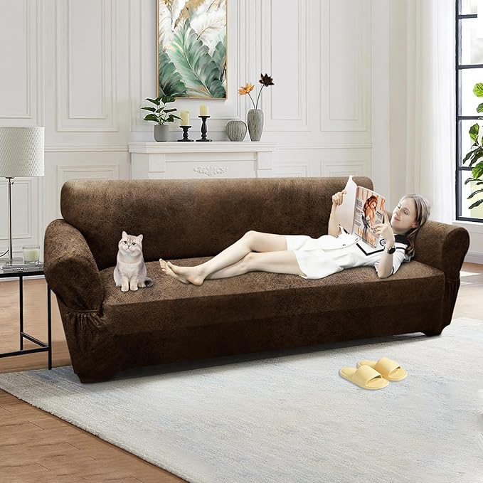 Couch Cover Leather Look 3 Seater Couch Sofa Cover 1-Piece Sofa Slipcover Stretch Furniture Protector with Elastic Bottom & Pockets(Sofa, Brown)