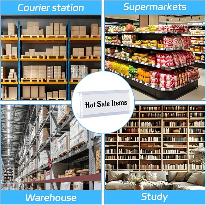 200 PCS Wire Shelf Label Holder with Label Paper Inserts Clear Metro Shelf Clips Plastic Shelf Tags for Wire Shelving, Compatible with 1-1/4 Inch Shelves
