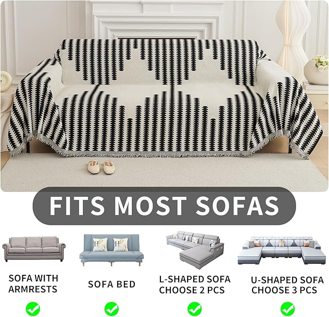 HAOMAIJIA Boho Sofa Covers Couch Covers for 3 Cushion Couch Sofa Pet Friendly Soft Thick Couch Cover for Dogs Washable Sectional Couch Covers L Shape Furniture Protector (Black, 91"x150")