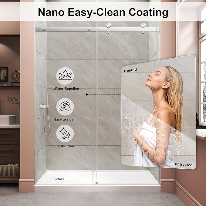Frameless Shower Door,Single Sliding Glass Shower Door with Nano Coating & Safety Film, Adjustable 55"-60" W x 72" H, Brushed Nickel,1/4" (6mm) SGCC Tempered Glass