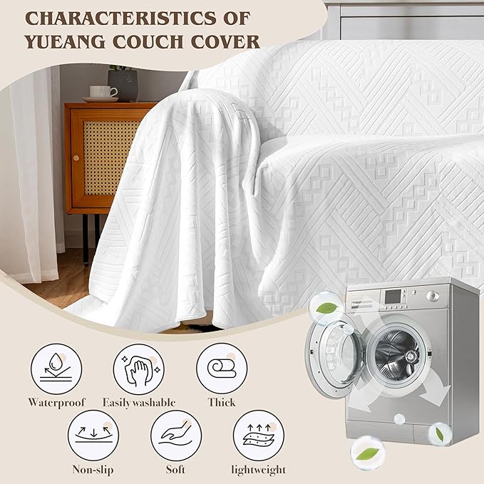 Waterproof Couch Cover, Reversible, Pet-Friendly, Washable and Anti-Slip Couch Covers for Sofa Protection with 3 Cushions, Sofa Slipcovers for Dogs and Cats (71×118in/White)