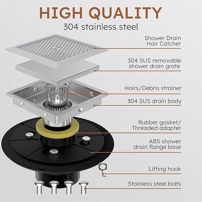 4 Inch Brushed Nickel Square Shower Drain Kit with Flange,Modern Floor Drain with 2-in-1 Cover Tiled Insert Grate,Stainless Steel SUS 304