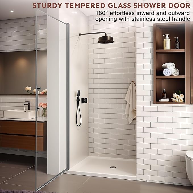 36-Inch Black Shower Door – 72" Height – 115° Opening (Left/Right) – Aluminum Frame – Sliding/Walk-in Glass Enclosure – Tempered Glass
