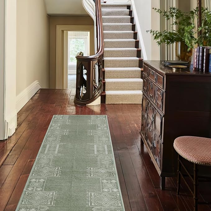 NICETOWN Sage Green Kitchen Runner Rug, 2x8 Hallway Carpet, Ultra-Thin Foldable Runner Rug Green Boho Coverings for Entryway Laundry Bedroom