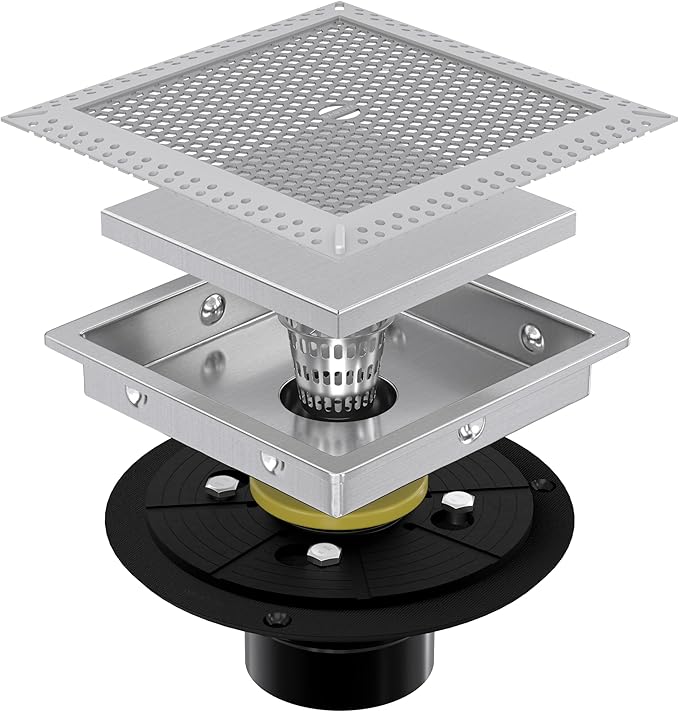 6 Inch Brushed Nickel Square Shower Drain with Flange,Modern Floor Drain with 2-in-1 Cover Tiled Insert Grate,SUS 304 Stainless Steel