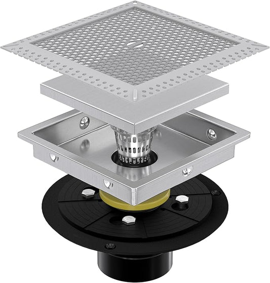 6 Inch Brushed Nickel Square Shower Drain with Flange,Modern Floor Drain with 2-in-1 Cover Tiled Insert Grate,SUS 304 Stainless Steel