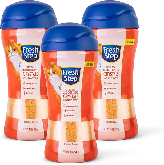 Fresh Step Cat Litter Crystals Deodorizer, Non Toxic Odor Neutralizing Crystals for Litter Boxes That Help Control Smells and Keep Home Areas Fresh, Summer Breeze Scent, 15 Ounce - 3 Pack