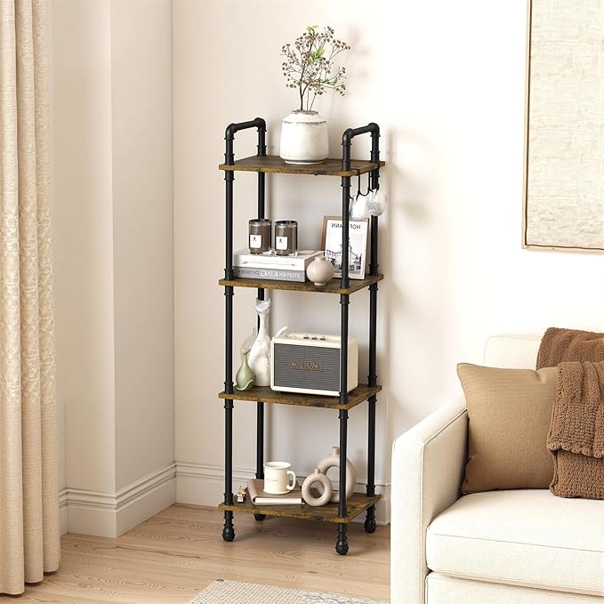 Aduanbang 4-Tier Industrial Pipe Ladder Shelf, Vintage Style Bookshelf, Freestanding Storage Rack Organizer for Living Room, Bedroom, Kitchen (Brown(4-Tier))