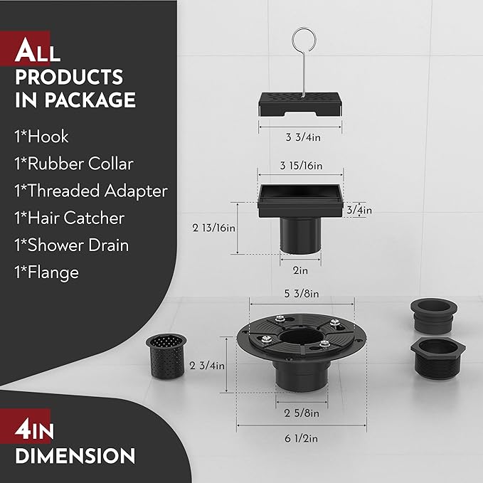 WEBANG 4 Inch Square Shower Drain Black Floor Drain with Flange Wave-Hole Pattern Cover Grate Removable SUS304 Stainless Steel Watermark&CUPC Certified Matte Black