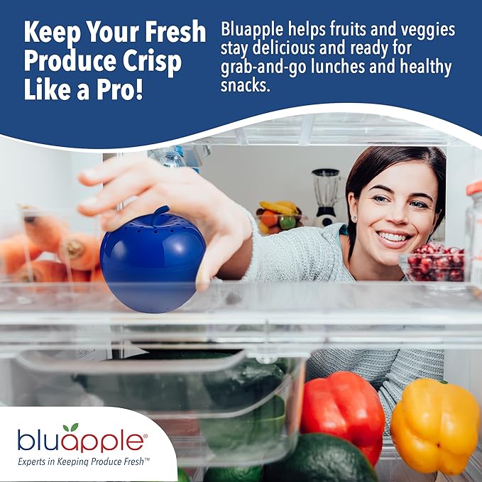 Bluapple Produce Saver with Activated Carbon - Ethylene Gas Absorber, Keep Fruits & Vegetables Fresh Longer, Minimize Food Waste, Refrigerator Odor Absorber, Produce Storage Extends Shelf Life, 2 Pack